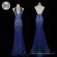 Design floral elegante azul sexy nua de volta sequin pronm vestidos de noite